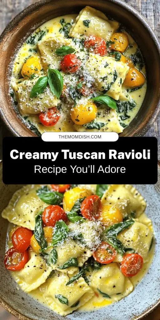 Indulge in the rich flavors of Tuscany with this deliciously creamy Tuscan ravioli recipe! Perfect for busy weeknights or special occasions, this dish features tender cheese ravioli enveloped in a luscious cream sauce with garlic, cherry tomatoes, and fresh spinach. It's a wholesome meal that combines nutritious ingredients with vibrant colors. Enjoy the simplicity and comfort of authentic Italian cuisine tonight! #TuscanRavioli #ItalianCuisine #ComfortFood #PastaRecipes #HomeCooking #HealthyEating