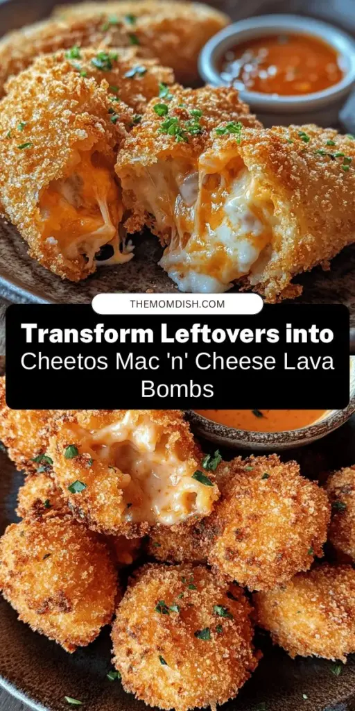 Elevate your leftovers with Cheetos Leftover Mac 'n' Cheese Lava Bombs! This innovative recipe transforms classic mac and cheese into crispy, cheesy bites filled with gooey goodness. Combining leftover macaroni with Cheesy Cheetos creates a crunchy exterior, while mozzarella and cream cheese deliver an irresistible melty center. Perfect for game day or cozy nights in, these snackable treats are a fun and delicious way to repurpose your leftovers! #CheetosLavaBombs #ComfortFood #LeftoverRecipes #CheesyGoodness #SnackIdeas