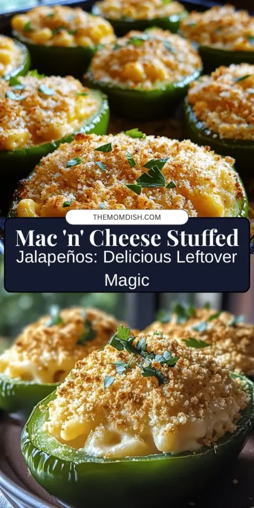 Transform your leftover mac 'n' cheese into a delightful appetizer with these Leftover Mac 'n' Cheese Stuffed Jalapenos. Enjoy a perfect blend of creamy, cheesy goodness and spicy jalapeño heat! This creative dish not only tastes amazing but also helps reduce food waste. Great for parties or a personal snack, it's a fun way to get the most out of your leftovers. Try this recipe today and savor the flavors! #MacAndCheese #StuffedJalapenos #Leftovers #FoodWasteReducing #AppetizerIdeas