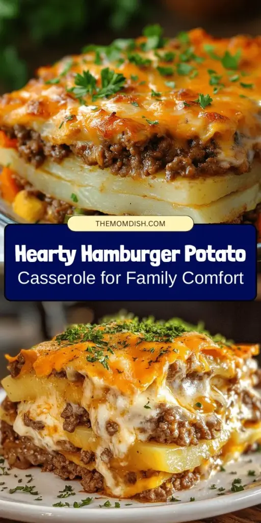 Discover the ultimate comfort food with this Hamburger Potato Casserole Delight! Packed with seasoned ground beef, creamy potatoes, and colorful veggies, this hearty dish is perfect for busy families and cozy gatherings. It's an easy-to-make meal that offers a delightful blend of flavors and textures, ensuring everyone around your table feels satisfied and connected. Try it today and bring comfort back to your dinner time! #ComfortFood #Casserole #FamilyMeals #EasyRecipes #Foodie #DinnerIdeas