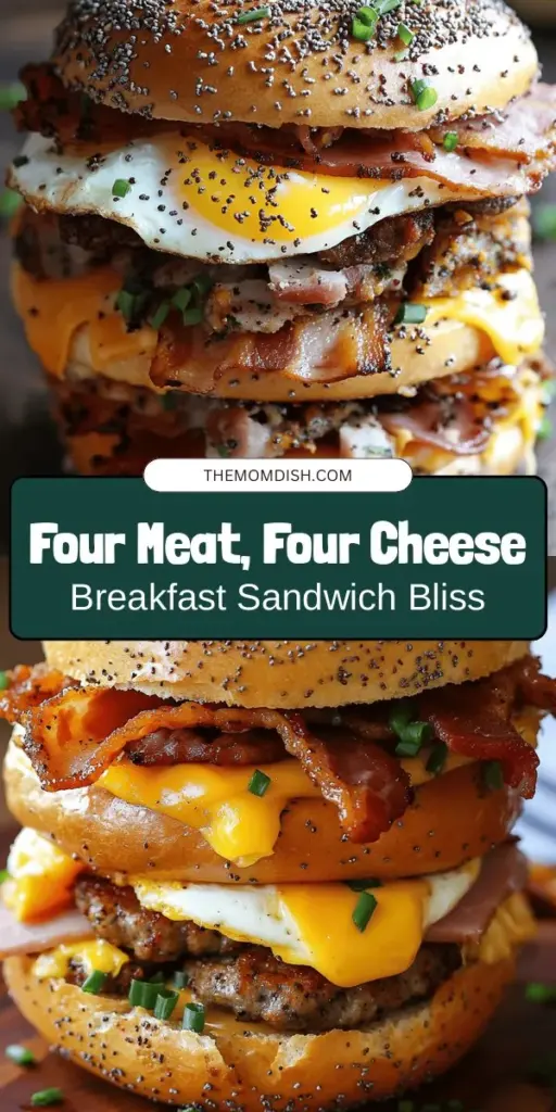 Start your day with the ultimate indulgence: the Four Meat, Four Cheese Bagel Breakfast Sandwich! This delicious creation combines crispy bacon, savory sausage, smoked ham, and spicy chorizo, all layered with cheddar, pepper jack, mozzarella, and creamy cheese on a toasted bagel. Perfect for brunch or as a hearty breakfast, this sandwich offers a blend of flavors, textures, and satisfaction. Try it out and elevate your morning routine! #BreakfastSandwich #BrunchIdeas #Foodie #DeliciousRecipes #BagelLovers #CheesePlease