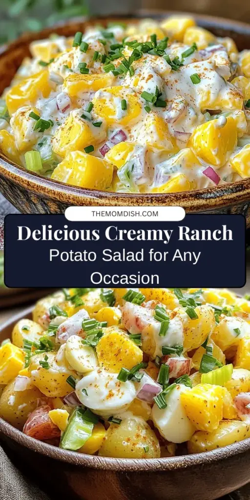 Discover the ultimate side dish with this Creamy Ranch Potato Salad recipe! Perfect for summer gatherings, this salad combines tender baby potatoes with a rich ranch dressing, crunchy veggies, and hard-boiled eggs for a satisfying bite. It's easy to make and customizable to fit your flavor preferences. Chill it for the best flavor and serve it alongside grilled meats for an unforgettable meal. Try it and impress your guests! #PotatoSalad #RanchDressing #SummerRecipes #SideDish #ComfortFood