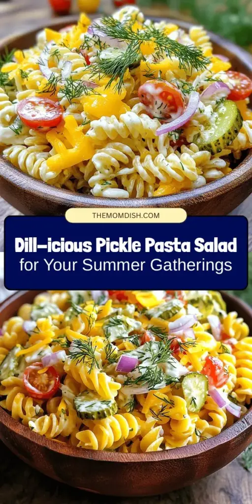 Beat the summer heat with a refreshing Dill-icious Pickle Pasta Salad! This vibrant dish blends tangy dill pickles, creamy dressing, rotini pasta, fresh veggies, and sharp cheddar cheese for a delightful twist on a classic favorite. Perfect for picnics, barbecues, or potlucks, it’s easy to make ahead and offers a burst of flavor with every bite. Impress your guests and enjoy summer gatherings with this delicious salad! #PastaSalad #SummerRecipes #DillPickles #DeliciousDishes #EasyRecipes #PicnicFood #BBQSideDish