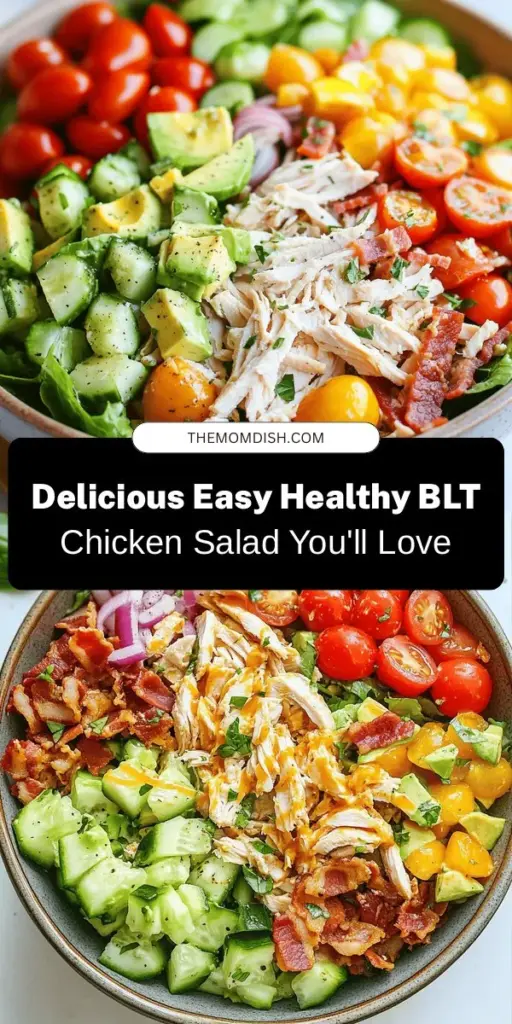 Discover the delightful blend of flavors in this Easy Healthy BLT Chicken Salad! Packed with juicy chicken, crispy turkey bacon, and fresh veggies, this salad is both nutritious and satisfying. Perfect for lunch or dinner, it's a great way to enjoy lean proteins and vibrant ingredients. With a light Greek yogurt dressing, enjoy a classic favorite without the guilt. Customize it to fit your dietary needs! #HealthyEating #ChickenSalad #BLT #MealPrep #HealthyRecipes #SaladIdeas