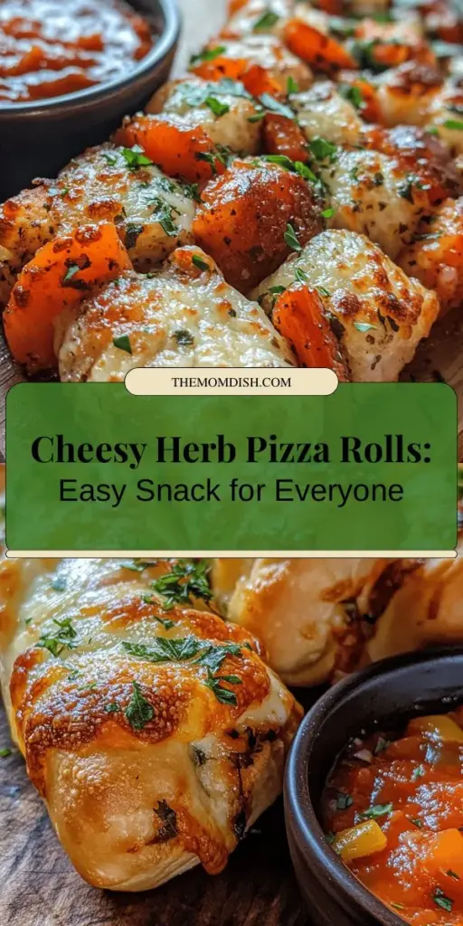 Get ready to impress with Cheesy Herb Pizza Rolls, the perfect snack for any gathering! These bite-sized delights blend gooey mozzarella and parmesan with fragrant herbs for a flavor explosion. Quick to prepare using refrigerated dough, they're versatile enough to customize with your favorite meats and veggies. Serve them warm with marinara or ranch for an irresistible treat. Perfect for game nights, parties, or movie marathons! #CheesyHerbPizzaRolls #SnackIdeas #EasyRecipes #FingerFood #PizzaLovers #HomemadeSnacks