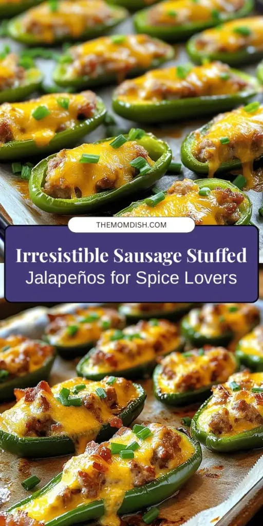 Discover the ultimate party appetizer with these delicious sausage-stuffed jalapeños! Bursting with flavor, these spicy bites combine fresh jalapeños, savory sausage, and creamy cheese. Whether you prefer hot or mild, you can easily customize them to fit your taste. Perfect for game day or cozy nights in, they're sure to impress! Get ready to wow your guests with this irresistible treat. #SausageStuffedJalapenos #Appetizers #SpicyFood #GameDaySnacks #EasyRecipes