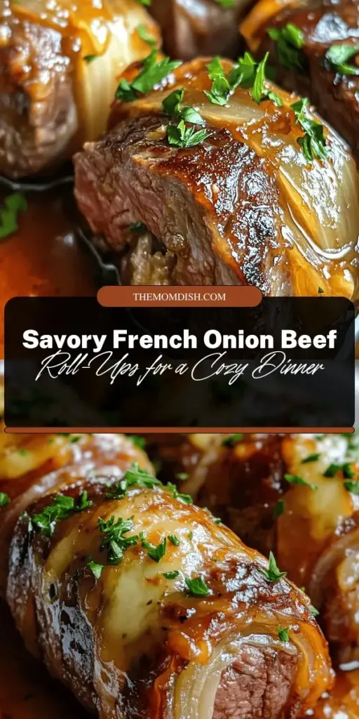 Delight in the rich flavors of French cuisine with these French Onion Beef Roll-Ups. This dish combines tender thinly sliced beef, caramelized onions, and Gruyère cheese, all wrapped up for an elegant meal that's surprisingly easy to make. Perfect for gatherings or cozy dinners, these roll-ups are a must-try for any cooking enthusiast. Indulge in the comforting essence of this savory recipe tonight! #FrenchCuisine #ComfortFood #BeefRollUps #CookingDelight #RecipeIdeas