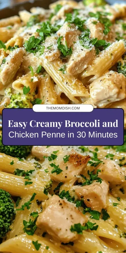 Looking for a quick and delicious weeknight dinner? Try this Creamy Broccoli and Chicken Penne recipe! In just under 30 minutes, you can whip up a comforting dish packed with tender penne, succulent chicken, and vibrant broccoli, all coated in a rich creamy sauce. It's a family favorite that combines flavor and nutrition perfectly. Ideal for busy nights, this recipe is bound to impress! #PastaRecipe #QuickDinner #ComfortFood #HealthyEating #FamilyMeals #YummyRecipes