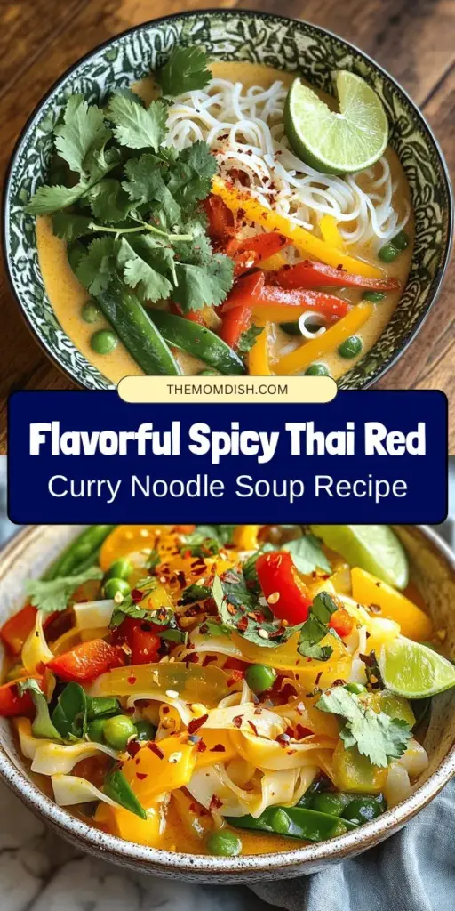 Dive into the vibrant world of Thai cuisine with this Spicy Thai Red Curry Noodle Soup! A delightful blend of aromatic herbs, creamy coconut milk, and fresh veggies, this dish is both comforting and nourishing. Perfect for any occasion, it's easily customizable for various dietary needs. Enjoy a burst of flavors and impress your guests with this delicious meal that embodies the richness of Thai culinary traditions. #ThaiCuisine #RedCurry #NoodleSoup #ComfortFood #CookingAtHome