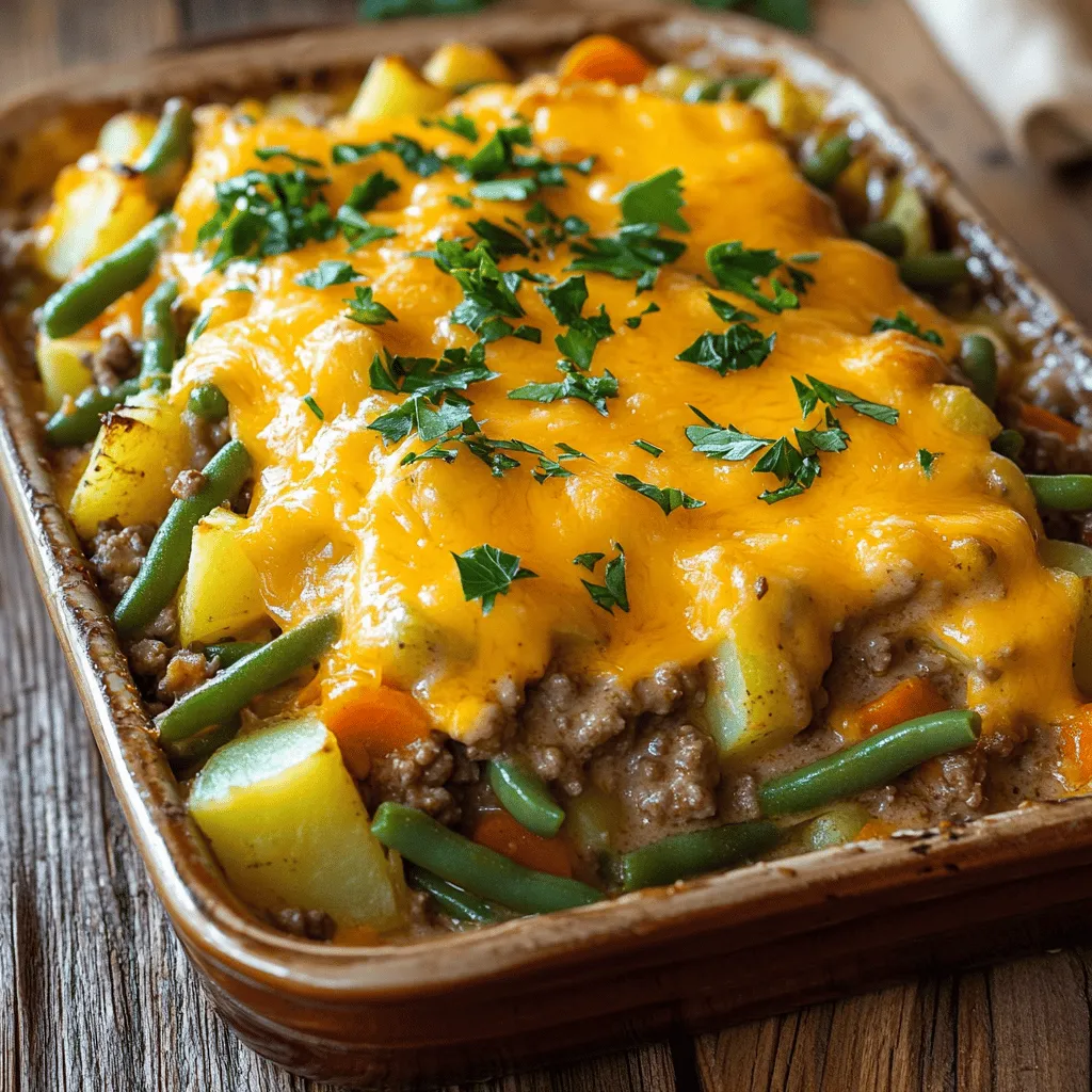 Amish Country Casserole is a warm, filling dish that brings comfort to the table. This dish uses simple, wholesome ingredients that you can find in any kitchen. It features ground beef, fresh green beans, and carrots. You also need potatoes, onion, cream of mushroom soup, and cheddar cheese. Each ingredient plays a key role in creating a rich flavor.