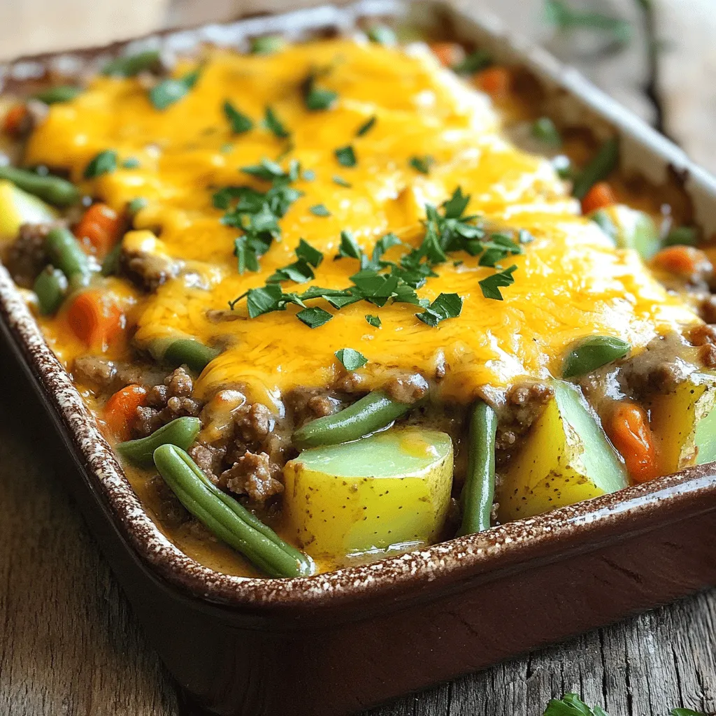 Amish Country Casserole is a warm, filling dish that brings comfort to the table. This dish uses simple, wholesome ingredients that you can find in any kitchen. It features ground beef, fresh green beans, and carrots. You also need potatoes, onion, cream of mushroom soup, and cheddar cheese. Each ingredient plays a key role in creating a rich flavor.