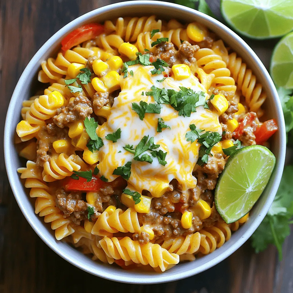 The key ingredients for one-pot beef taco pasta create a tasty and fun meal. You need ground beef, onions, garlic, and bell peppers. These items form a great base. The diced tomatoes with green chilies add a nice kick. The enchilada sauce brings depth to the flavor.