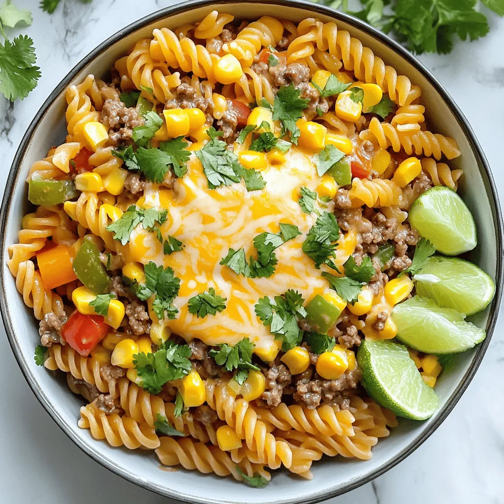 The key ingredients for one-pot beef taco pasta create a tasty and fun meal. You need ground beef, onions, garlic, and bell peppers. These items form a great base. The diced tomatoes with green chilies add a nice kick. The enchilada sauce brings depth to the flavor.