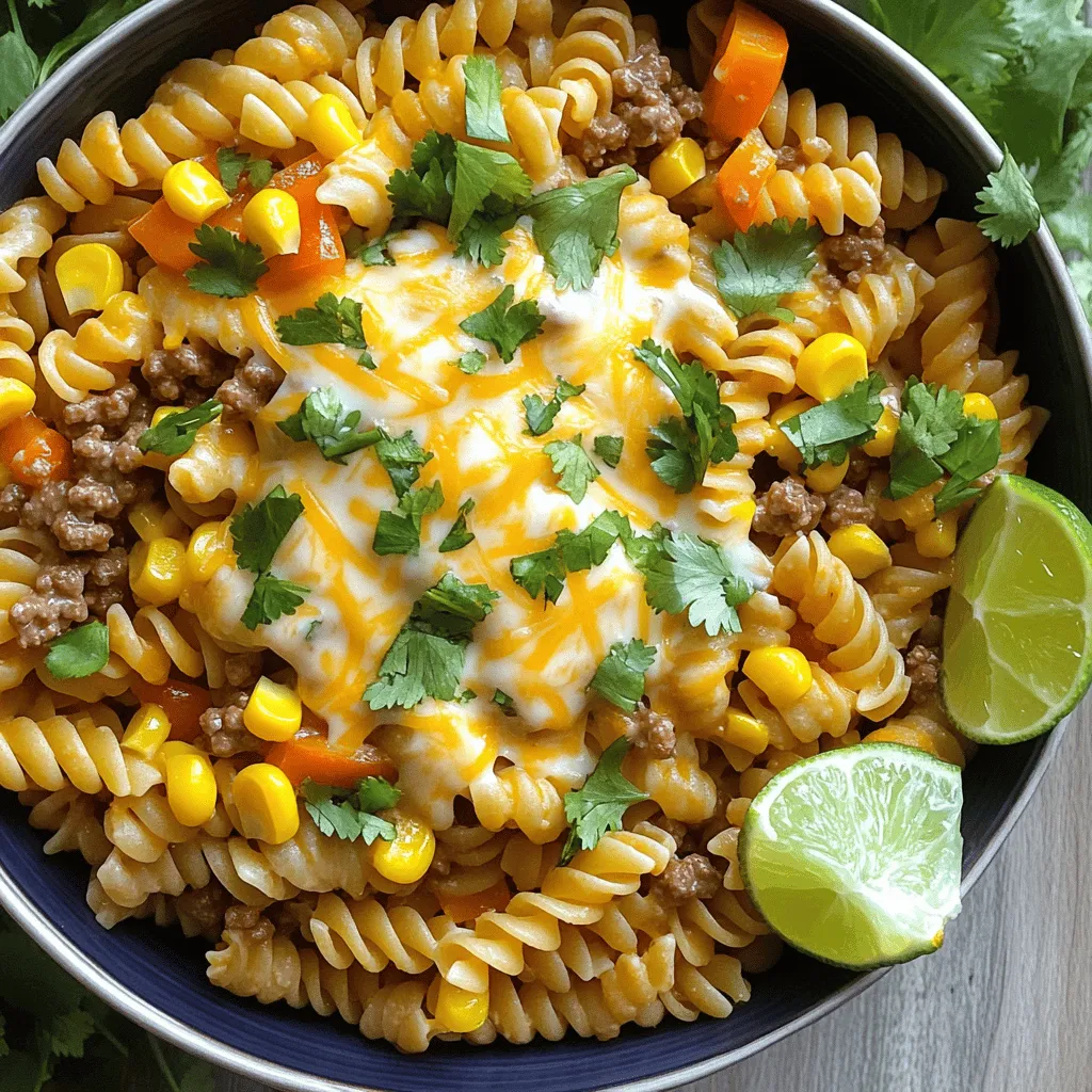 The key ingredients for one-pot beef taco pasta create a tasty and fun meal. You need ground beef, onions, garlic, and bell peppers. These items form a great base. The diced tomatoes with green chilies add a nice kick. The enchilada sauce brings depth to the flavor.