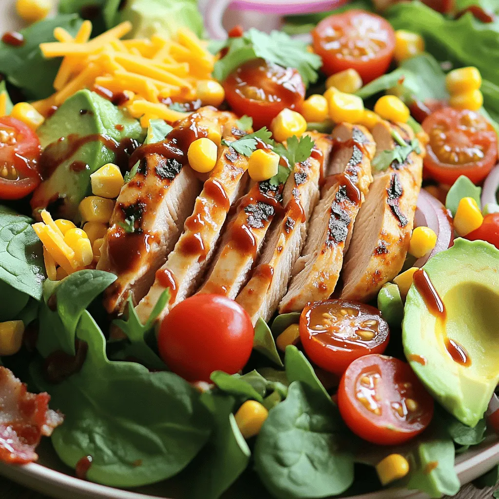 A BBQ chicken salad is fun and tasty. It has bright flavors and great textures. The main star is grilled chicken. You can use two grilled chicken breasts, sliced into pieces.