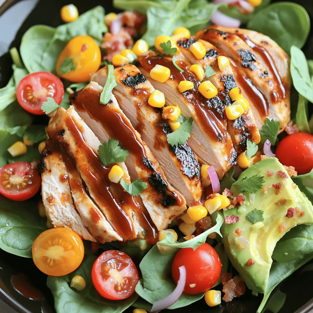 A BBQ chicken salad is fun and tasty. It has bright flavors and great textures. The main star is grilled chicken. You can use two grilled chicken breasts, sliced into pieces.