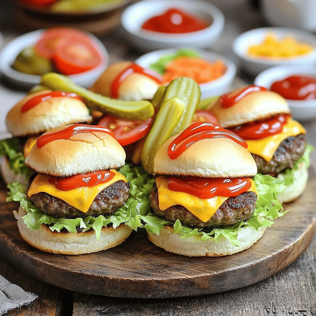 Mini cheeseburger sliders are small burgers that pack big flavor. They are fun to eat and easy to make. Each slider is made with a juicy beef patty, cheese, and tasty toppings, all nestled in a soft bun.