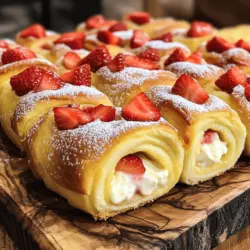 To make strawberry cheesecake sweet rolls, you need a few simple items. Start with 2 cups of all-purpose flour. Add 1/4 cup of granulated sugar for sweetness. You will also need 1 tablespoon of baking powder and 1/2 teaspoon of salt to help the rolls rise. For the dough, use 1/3 cup of melted unsalted butter, 3/4 cup of milk, and 1 teaspoon of vanilla extract. For the filling, grab 1 block (8 oz) of softened cream cheese, 1/2 cup powdered sugar, and 1 cup of fresh strawberries, diced. Add 1 teaspoon of lemon juice and 1 teaspoon of cornstarch to enhance the strawberry flavor. Finally, sprinkle in 1/2 teaspoon of ground cinnamon for warmth.