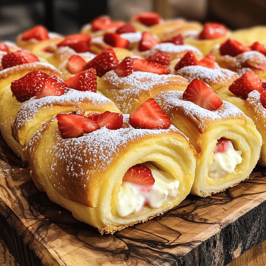 To make strawberry cheesecake sweet rolls, you need a few simple items. Start with 2 cups of all-purpose flour. Add 1/4 cup of granulated sugar for sweetness. You will also need 1 tablespoon of baking powder and 1/2 teaspoon of salt to help the rolls rise. For the dough, use 1/3 cup of melted unsalted butter, 3/4 cup of milk, and 1 teaspoon of vanilla extract. For the filling, grab 1 block (8 oz) of softened cream cheese, 1/2 cup powdered sugar, and 1 cup of fresh strawberries, diced. Add 1 teaspoon of lemon juice and 1 teaspoon of cornstarch to enhance the strawberry flavor. Finally, sprinkle in 1/2 teaspoon of ground cinnamon for warmth.