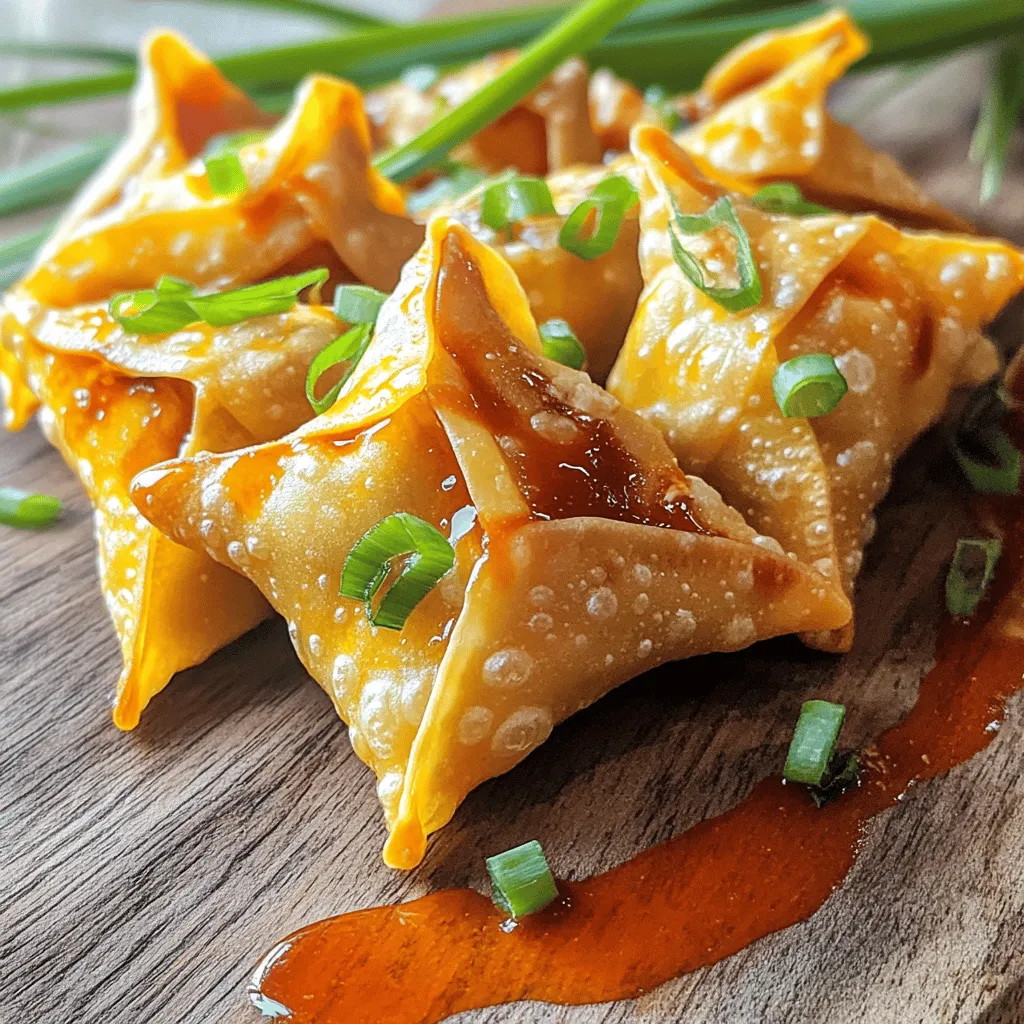 To make buffalo chicken wontons, you need simple ingredients. Gather cooked chicken, cream cheese, buffalo sauce, green onions, and cheddar cheese. You will also need wonton wrappers, an egg, and oil for frying.