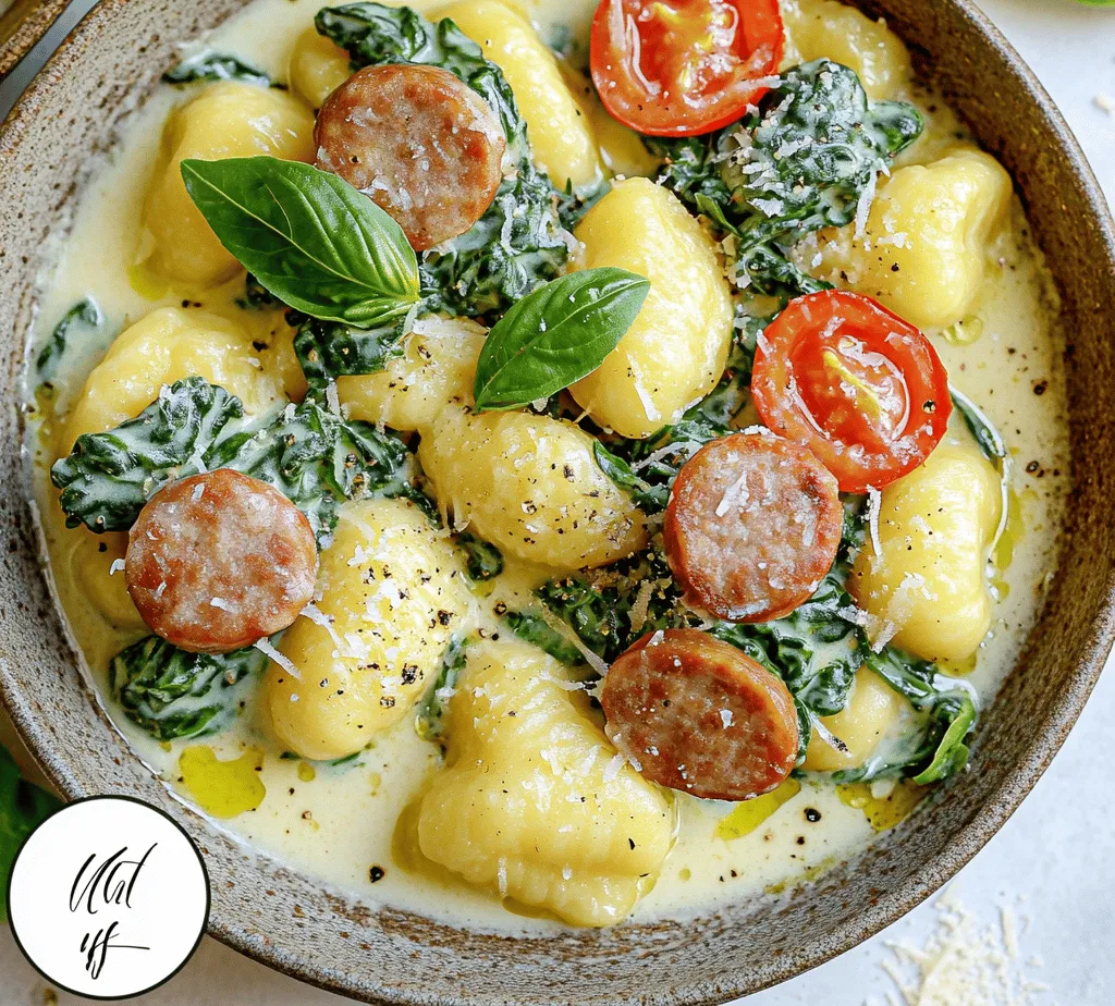 Tuscan cuisine is renowned for its hearty and comforting flavors, with an emphasis on high-quality ingredients that come together to create a harmonious balance. One dish that exemplifies this culinary tradition is <strong>Tuscan Sausage Gnocchi with Creamy Spinach Sauce</strong>. This recipe features pillowy gnocchi enveloped in a rich, creamy sauce, complemented by the savory goodness of Italian sausage and the vibrant freshness of spinach.” /></p>
</p>
<h3>Timing for Adding Tomatoes to Enhance Their Flavor and Texture</h3>
</p>
<p>When preparing your Tuscan Sausage Gnocchi with Creamy Spinach Sauce, the timing for adding tomatoes is crucial to ensure they reach their full flavor potential. Begin by browning your sausage and then, once it’s cooked through, introduce the diced tomatoes. This timing allows the tomatoes to cook just enough to soften, releasing their juices without turning mushy. Aim for about 5-7 minutes of simmering after adding the tomatoes. This brief cooking time helps to enhance their natural sweetness while still retaining a pleasant texture, creating a perfect balance with the creamy sauce.</p>
</p>
<h3>Creating the Creamy Spinach Sauce</h3>
</p>
<p>To craft a rich and velvety creamy spinach sauce, you’ll need to follow a few simple steps. Start by melting butter in the same skillet used for the sausage. This will not only infuse the sauce with flavor but also help deglaze the pan, capturing any delicious browned bits left behind. Once the butter is melted, add minced garlic and cook until fragrant, about 1 minute. Be cautious not to let the garlic brown, as it can turn bitter.</p>
</p>
<p>Next, pour in heavy cream, stirring continuously to combine with the butter and garlic. Allow the cream to warm up before adding your fresh spinach. It’s best to add the spinach in batches, letting it wilt down before adding more. This method ensures even cooking and prevents the spinach from overcrowding the pan.</p>
</p>
<p>After the spinach has wilted, season the sauce generously with salt, pepper, and a pinch of nutmeg. Nutmeg adds a subtle warmth that complements the creamy texture beautifully. Remember to simmer the sauce for about 5 minutes to let the flavors meld together and the sauce thicken slightly. This simmering process is essential for developing a deeper flavor profile, making the sauce rich and inviting.</p>
</p>
<h3>Combining Gnocchi with the Sauce</h3>
</p>
<p>Once your creamy spinach sauce is ready, it’s time to integrate the gnocchi. First, make sure your gnocchi is cooked al dente, as they will continue to cook slightly when added to the sauce. Drain the gnocchi, but reserve a cup of the cooking water. This starchy water can be a game changer for achieving the perfect sauce consistency.</p>
</p>
<p>Gently fold the cooked gnocchi into the creamy sauce using a spatula or wooden spoon. Be careful to stir lightly to avoid breaking the delicate gnocchi. If the sauce appears too thick, gradually add a bit of the reserved pasta water until you reach your desired consistency. This technique ensures that every piece of gnocchi is evenly coated with the luscious sauce and enhances the overall creaminess of the dish.</p>
</p>
<h3>Tips for Ensuring Even Coating Without Breaking the Gnocchi</h3>
</p>
<p>To ensure that your gnocchi are evenly coated without falling apart, consider the following tips:</p>
</p>
<p>1. <strong>Gentle Stirrings</strong>: Use a gentle folding motion rather than vigorous stirring. This helps maintain the integrity of the gnocchi.</p>
</p>
<p>2. <strong>Use a Wide Pan</strong>: A larger skillet allows for more surface area, reducing the risk of overcrowding, which can lead to gnocchi breaking apart.</p>
</p>
<p>3. <strong>Timing</strong>: Combine the gnocchi with the sauce just before serving to prevent them from sitting in the sauce for too long, which could lead to sogginess.</p>
</p>
<p>4. <strong>Serve Immediately</strong>: Gnocchi are best enjoyed fresh, so make sure to serve the dish right after combining to retain their delightful texture.</p>
</p>
<h3>Serving Suggestions</h3>
</p>
<p>For a rustic presentation that echoes the charm of Tuscan cuisine, consider serving your Tuscan Sausage Gnocchi in shallow bowls. This not only showcases the beautiful colors of the creamy sauce and spinach but also allows for easy sharing at the table.</p>
</p>
<p><strong>Garnishing Techniques</strong>: To elevate the visual appeal, drizzle a little extra virgin olive oil over the top and sprinkle freshly grated Parmesan cheese. A few cracks of black pepper or a dusting of red pepper flakes can also add a pop of color and flavor.</p>
</p>
<p><strong>Suggested Pairings</strong>: This dish pairs wonderfully with a simple arugula salad dressed in lemon vinaigrette. The peppery arugula cuts through the creaminess of the gnocchi, providing a refreshing contrast.</p>
</p>
<p><strong>Wine Pairings</strong>: For a delightful beverage accompaniment, consider a medium-bodied white wine such as a Pinot Grigio or a light red like Chianti. Both options complement the richness of the sauce while enhancing the overall dining experience.</p>
</p>
<p><strong>Side Dishes</strong>: To balance the richness of the gnocchi, serve alongside roasted vegetables or a light minestrone soup. These sides add a variety of textures and flavors, creating a well-rounded meal.</p>
</p>
<h3>Nutritional Benefits</h3>
</p>
<p>This Tuscan Sausage Gnocchi with Creamy Spinach Sauce not only satisfies your taste buds but also offers a range of nutritional benefits. The gnocchi provides carbohydrates that serve as a source of energy, while the sausage adds a hearty dose of protein, essential for muscle repair and growth.</p>
</p>
<p>Spinach, a star ingredient in this dish, is packed with vitamins A, C, and K, as well as iron and magnesium. This leafy green contributes to overall health, supporting immune function and bone health.</p>
</p>
<p><strong>Portion Sizes</strong>: When enjoying this dish, consider a serving size of about one cup of gnocchi and sauce, which not only satisfies hunger but also allows for a balanced meal.</p>
</p>
<p><strong>Balanced Diet</strong>: Integrating this dish into your weekly meal plan can be part of a balanced diet. Pair the gnocchi with a side salad or steamed vegetables to enhance nutrient intake and ensure a variety of food groups are represented in your meal.</p>
</p>
<h3>Conclusion</h3>
</p>
<p>In summary, making Tuscan Sausage Gnocchi with Creamy Spinach Sauce is a delightful culinary adventure that marries simplicity with indulgence. With flavorful sausage, fresh spinach, and pillowy gnocchi enveloped in a creamy sauce, this dish is perfect for weeknight dinners or special occasions.</p>
</p>
<p>Embrace the rich flavors of Tuscany in your cooking endeavors, and let this recipe inspire your next meal. Whether you’re entertaining guests or enjoying a cozy night in, this dish promises to impress and satisfy, bringing a taste of Italy right to your table. Remember, cooking is about enjoying the process just as much as the final product, so don’t hesitate to experiment and make this dish your own!</p>
</div>