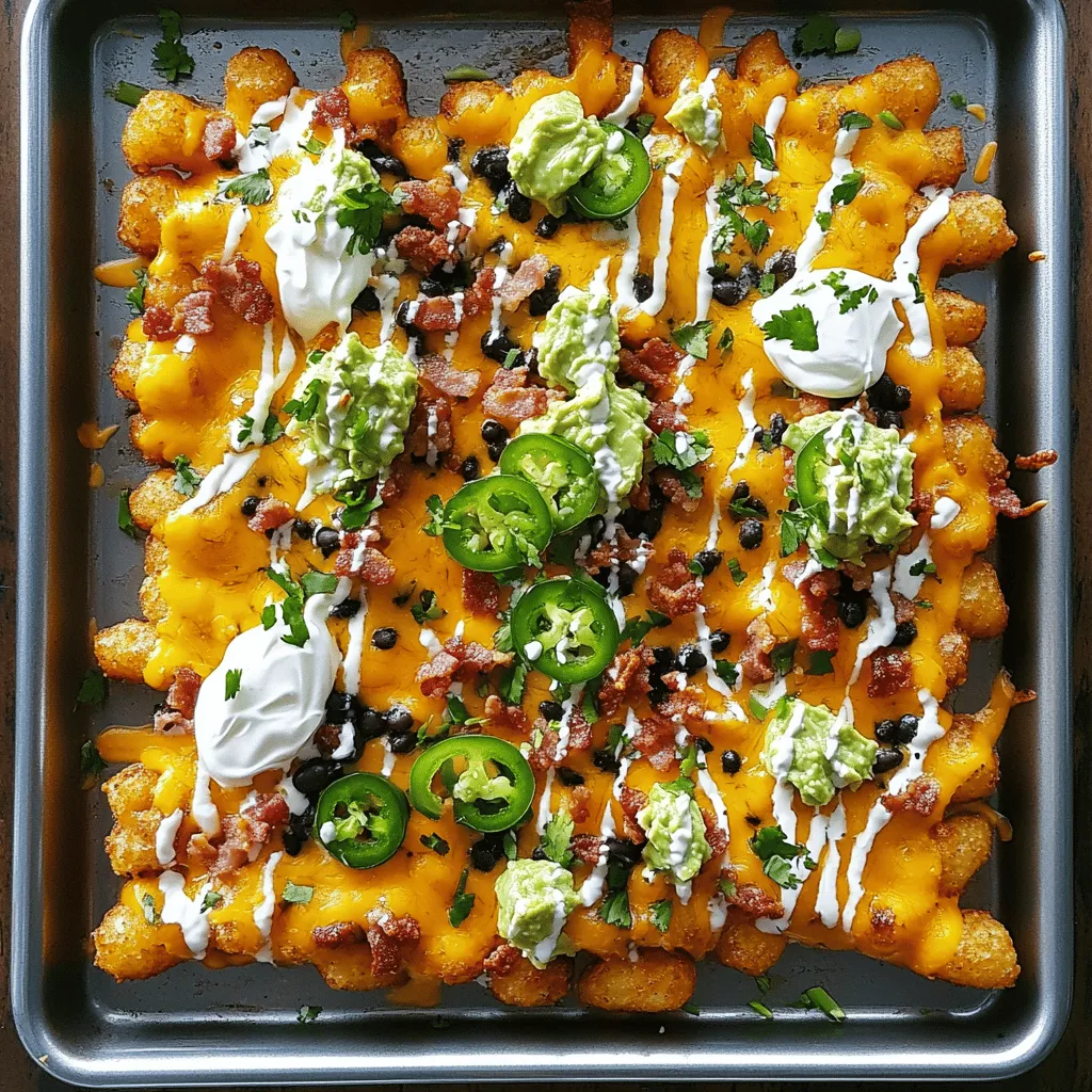 Loaded tater tot nachos, or totchos, are a fun twist on classic nachos. Instead of tortilla chips, you use crispy tater tots as the base. You then pile on toppings like cheese, bacon, and beans. This dish brings together comfort food and creativity in a tasty way. The crunchy, golden tater tots soak up flavors from all the toppings, making each bite a delight.