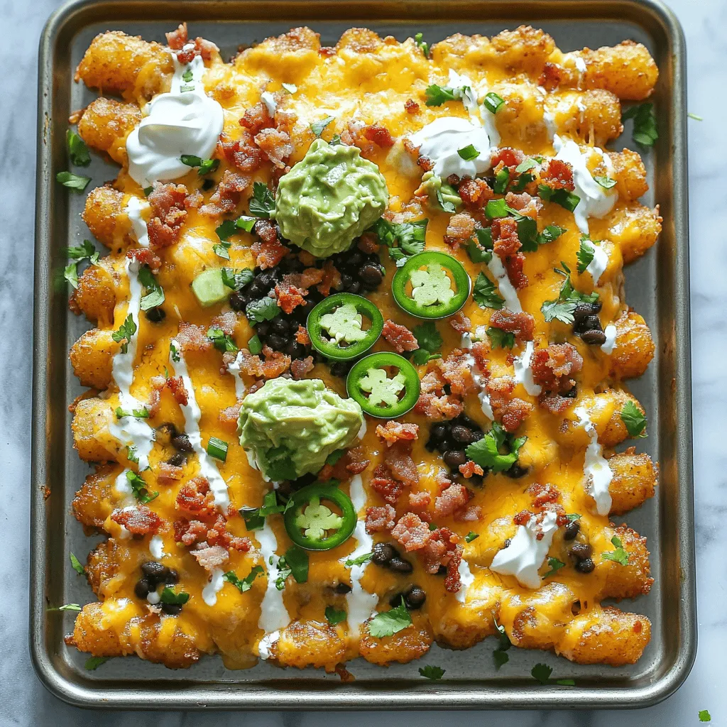 Loaded tater tot nachos, or totchos, are a fun twist on classic nachos. Instead of tortilla chips, you use crispy tater tots as the base. You then pile on toppings like cheese, bacon, and beans. This dish brings together comfort food and creativity in a tasty way. The crunchy, golden tater tots soak up flavors from all the toppings, making each bite a delight.