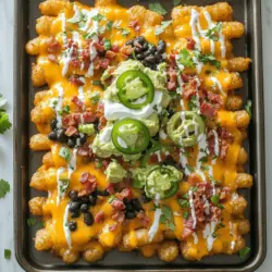 Loaded tater tot nachos, or totchos, are a fun twist on classic nachos. Instead of tortilla chips, you use crispy tater tots as the base. You then pile on toppings like cheese, bacon, and beans. This dish brings together comfort food and creativity in a tasty way. The crunchy, golden tater tots soak up flavors from all the toppings, making each bite a delight.