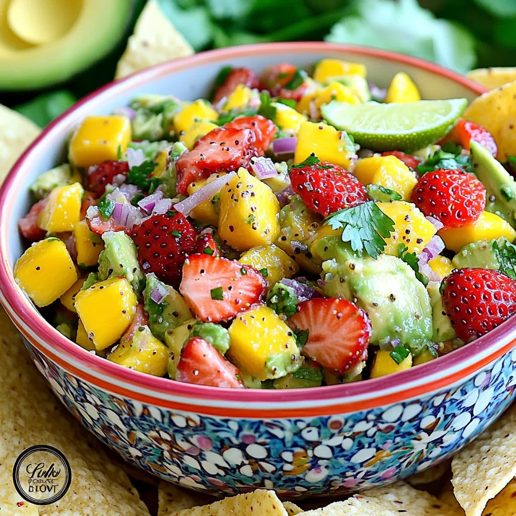 The main fruits in this salsa are avocado, strawberries, and mango. Each adds its own taste and texture. The ripe avocado brings creaminess. Strawberries add a sweet and slight tartness. Mango lends a tropical touch with its juicy sweetness.