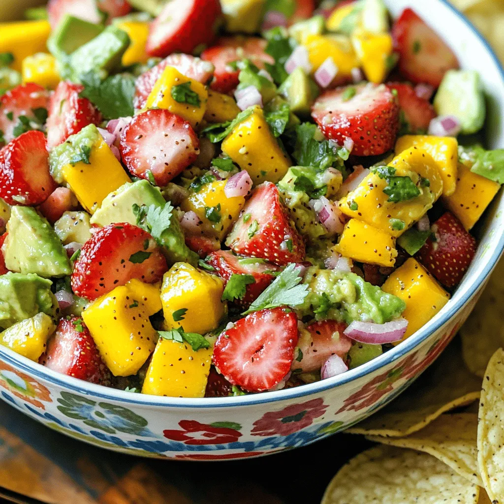 The main fruits in this salsa are avocado, strawberries, and mango. Each adds its own taste and texture. The ripe avocado brings creaminess. Strawberries add a sweet and slight tartness. Mango lends a tropical touch with its juicy sweetness.