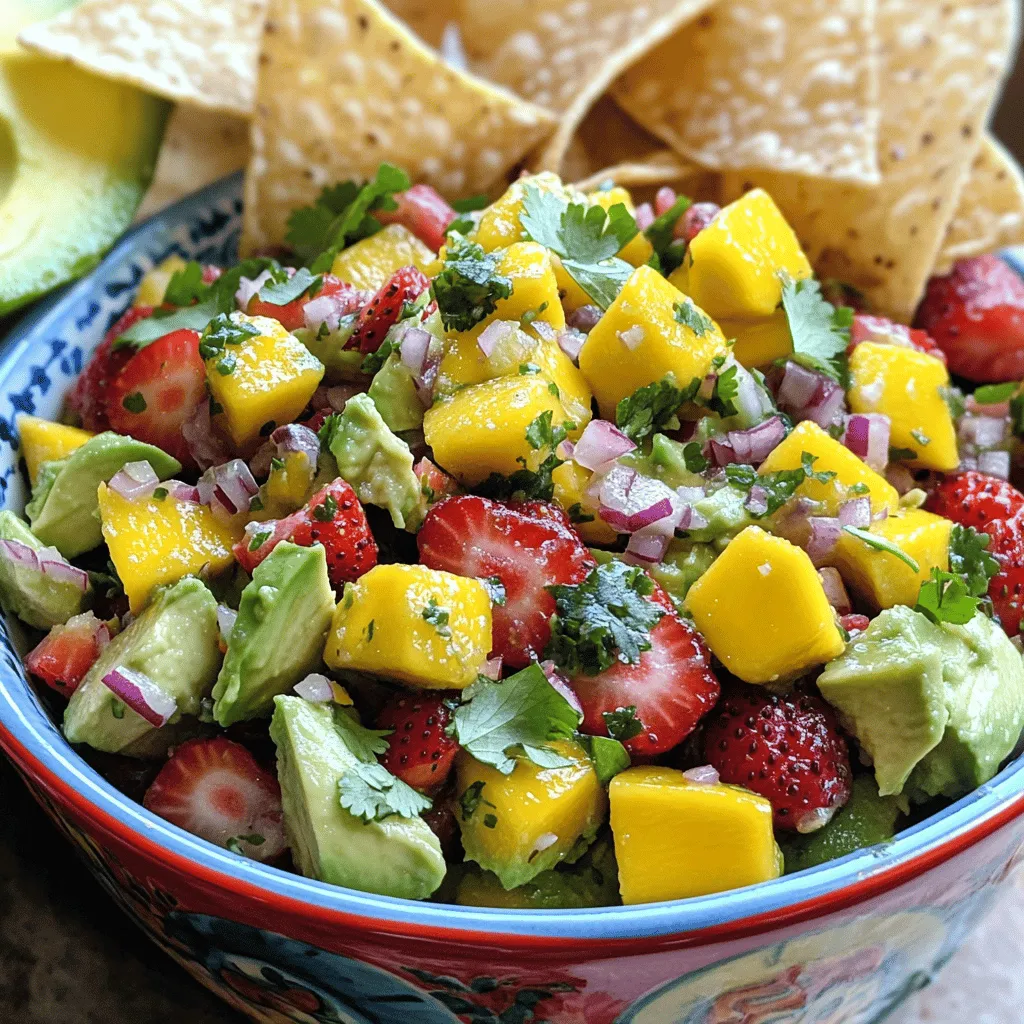 The main fruits in this salsa are avocado, strawberries, and mango. Each adds its own taste and texture. The ripe avocado brings creaminess. Strawberries add a sweet and slight tartness. Mango lends a tropical touch with its juicy sweetness.