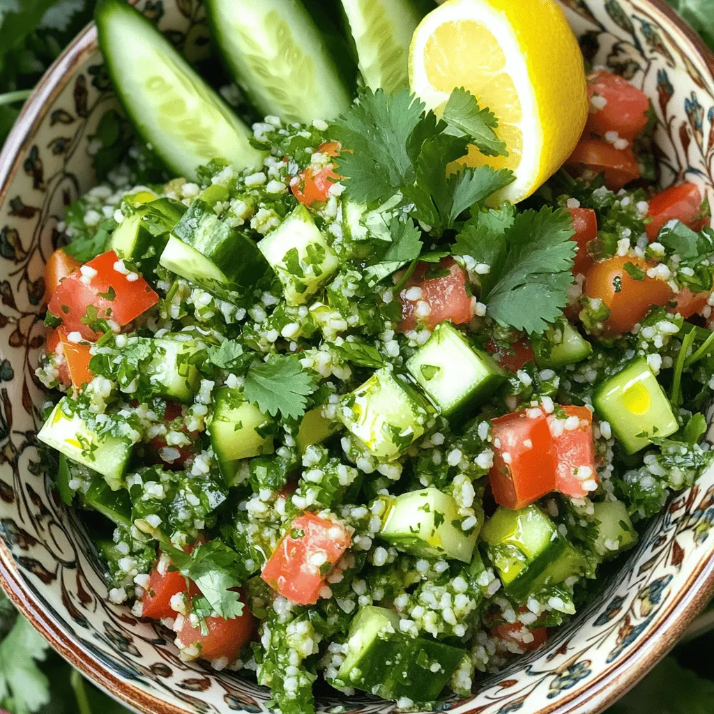 In making tabbouleh with cilantro, you need some key ingredients. The main ingredient is bulgur wheat. This grain adds texture and a nutty taste. It absorbs water well and softens quickly, making it perfect for salads.