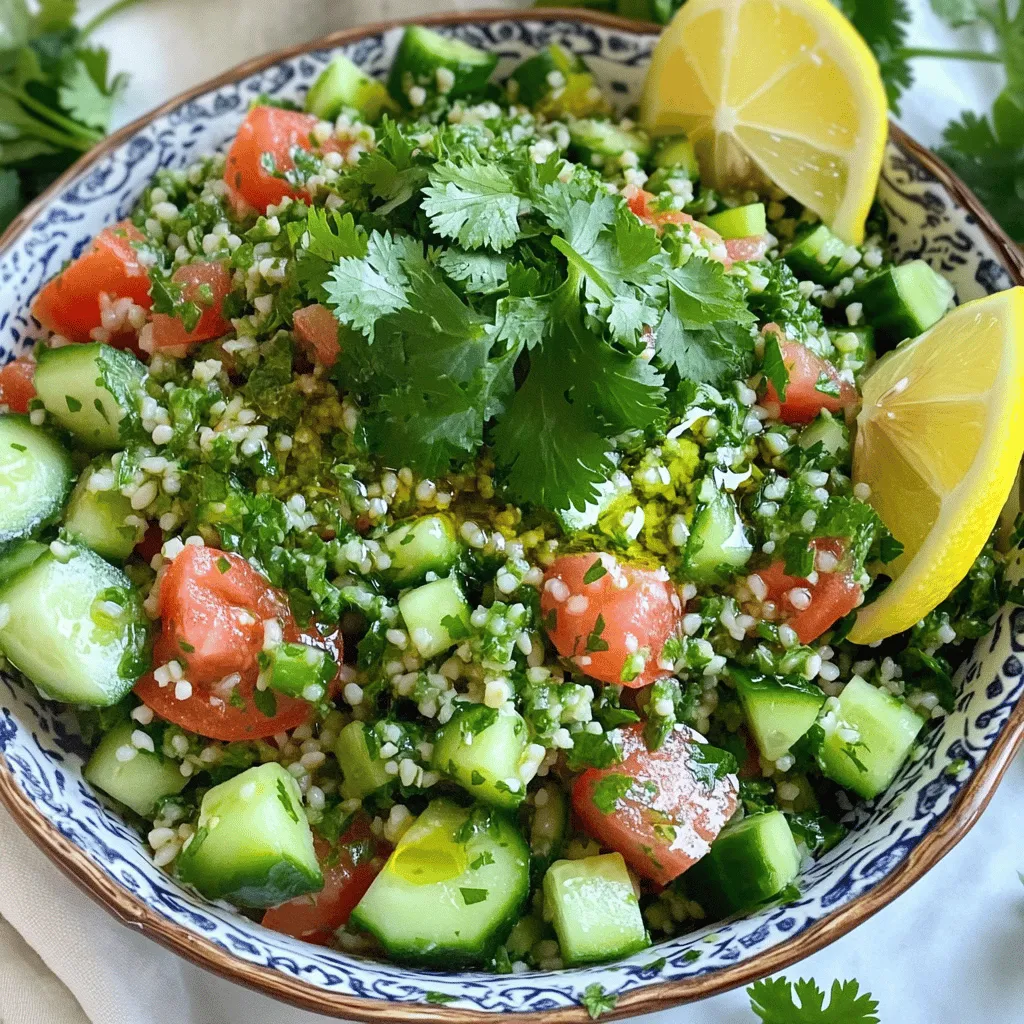 In making tabbouleh with cilantro, you need some key ingredients. The main ingredient is bulgur wheat. This grain adds texture and a nutty taste. It absorbs water well and softens quickly, making it perfect for salads.