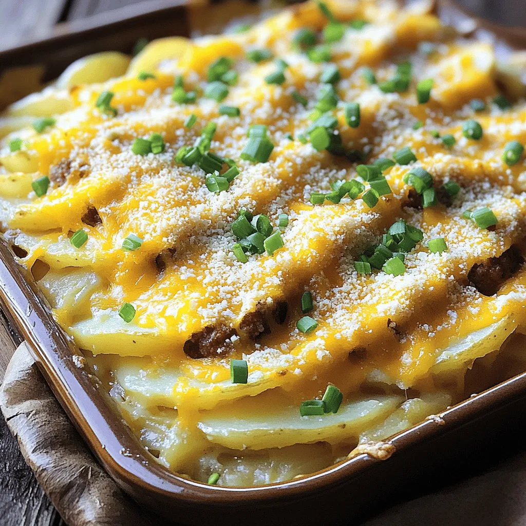 To make Potatoes Au Gratin with Smoked Sausage, you need simple yet tasty ingredients. The heart of this cheesy potato casserole is <strong>russet potatoes</strong>. I love using four large ones, peeled and sliced thinly. They cook evenly and hold their shape well.” /></p>
</p>
<h2>What Are Some Variations of Potatoes Au Gratin and Serving Suggestions?</h2>
</p>
<p>Potatoes Au Gratin with smoked sausage is a rich dish. You can mix it up in fun ways.</p>
</p>
<h3>What Are Creative Variations You Can Try?</h3>
</p>
<p>Try adding vegetables like spinach or broccoli. They add color and nutrients. You can also swap the smoked sausage for bacon or ham. This gives it a different flavor. For a spicy kick, use chorizo instead. You can even change the cheese. Mix cheddar with gouda or mozzarella for fun flavors.</p>
</p>
<h3>How Can You Make It a One-Pan Meal?</h3>
</p>
<p>To make it a one-pan meal, add more veggies. Layer sliced bell peppers, zucchini, or mushrooms with the potatoes. This way, you cook everything together. It saves time and effort. You can also serve it with a salad on the side. This keeps it light and fresh.</p>
</p>
<h3>What Are the Best Serving Suggestions?</h3>
</p>
<p>Serve it hot right from the oven. A rustic look in the baking dish works well. Cut it into squares for easy serving. Drizzle with extra cream for added richness. Garnish with green onions for a fresh touch. You can pair it with a simple green salad. This balances the rich flavors of the dish.</p>
</p>
<p>For the full recipe, don’t forget to check the Cheesy Smoked Sausage & Potato Delight.</p>
</p>
<h2>How Can You Store and Reheat Leftovers Properly?</h2>
</p>
<h3>What Storage Tips Should You Follow?</h3>
</p>
<p>To store leftovers, let the dish cool first. Then, cover it tightly with plastic wrap or foil. You can also place it in an airtight container. This helps keep it fresh. It is best to store it in the fridge. It will last for about three to four days.</p>
</p>
<h3>How to Reheat for Optimal Taste?</h3>
</p>
<p>When you’re ready to eat, preheat your oven to 350°F (175°C). Place the leftovers in a baking dish. Cover it with foil to keep it moist. Heat for about 20 to 25 minutes. You can check if it’s hot by using a fork. If you want a crispy top, uncover it for the last 5 minutes. This gives your dish a nice golden finish.</p>
</p>
<h3>Can You Meal Prep with This Recipe?</h3>
</p>
<p>Yes, you can easily meal prep with this recipe. Prepare the dish ahead of time and store it in the fridge. Just follow the Full Recipe steps. You can bake it fresh when you want to eat it. This makes it a quick option for busy days. Plus, it tastes great when reheated!</p>
</p>
<p><img decoding=