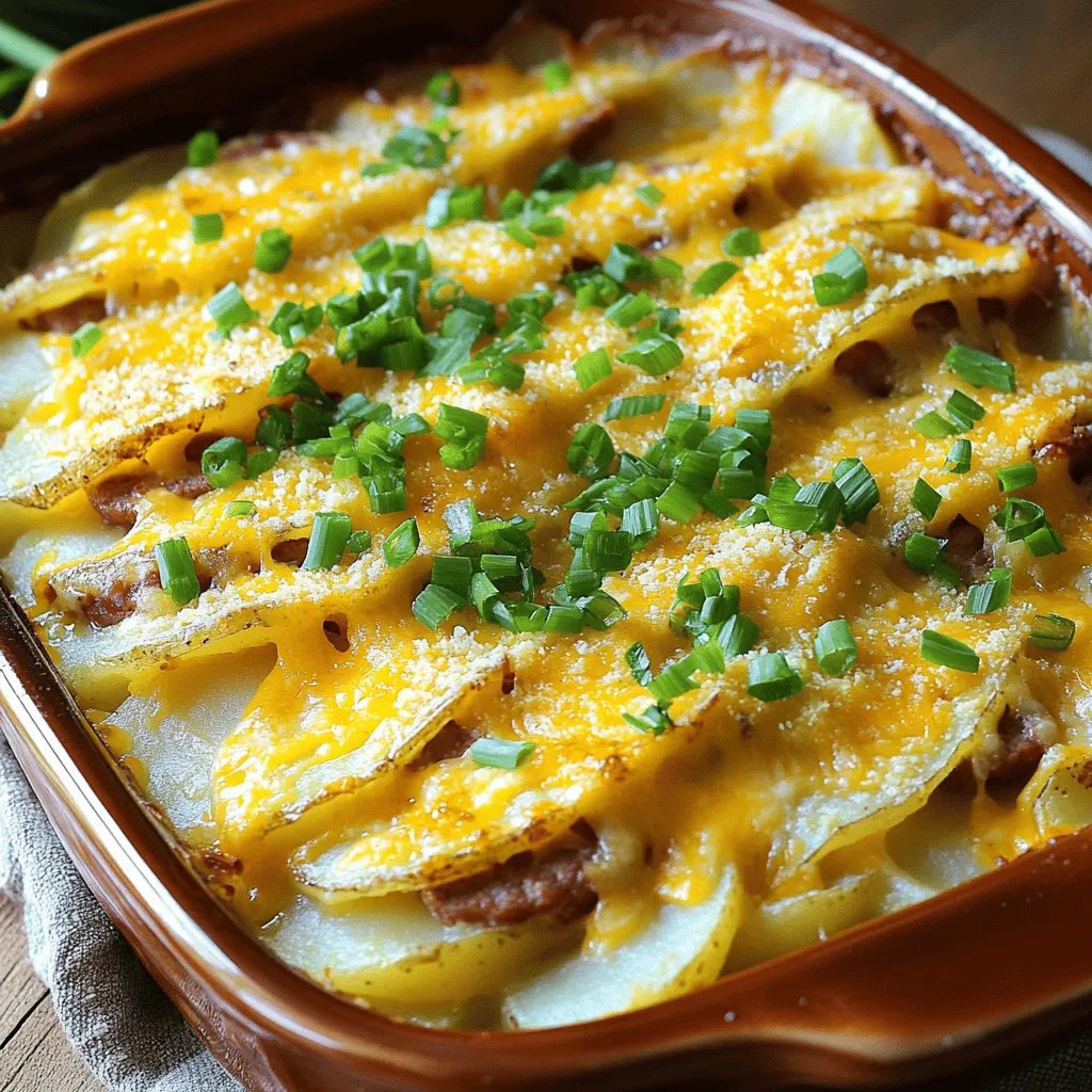 To make Potatoes Au Gratin with Smoked Sausage, you need simple yet tasty ingredients. The heart of this cheesy potato casserole is russet potatoes. I love using four large ones, peeled and sliced thinly. They cook evenly and hold their shape well.