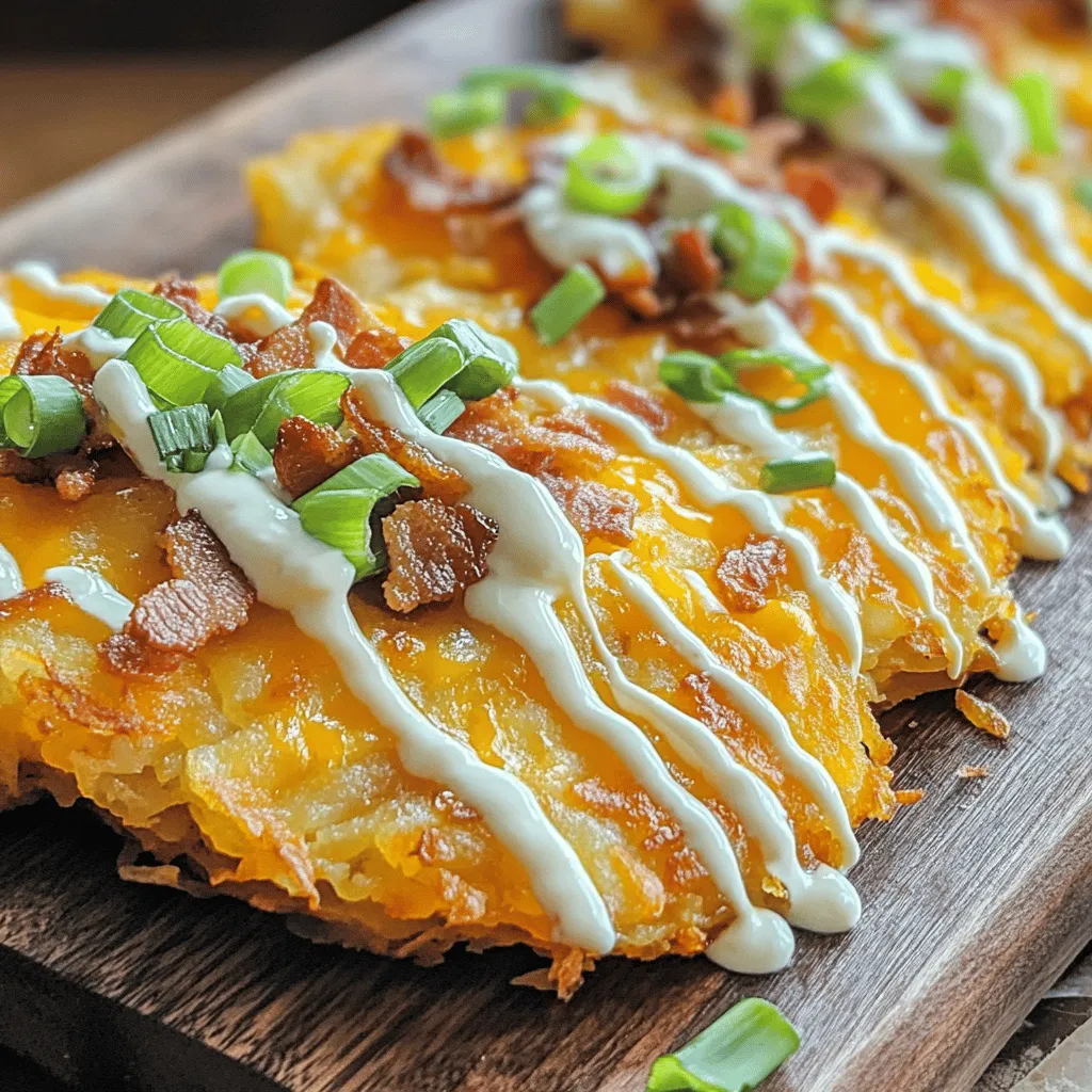 To make loaded hash browns, you need a few key ingredients. First, use 4 large russet potatoes. These potatoes give the best texture. Peel and grate them for a crispy finish. Next, grab 1 cup of sharp cheddar cheese. This adds a rich flavor that melts perfectly.