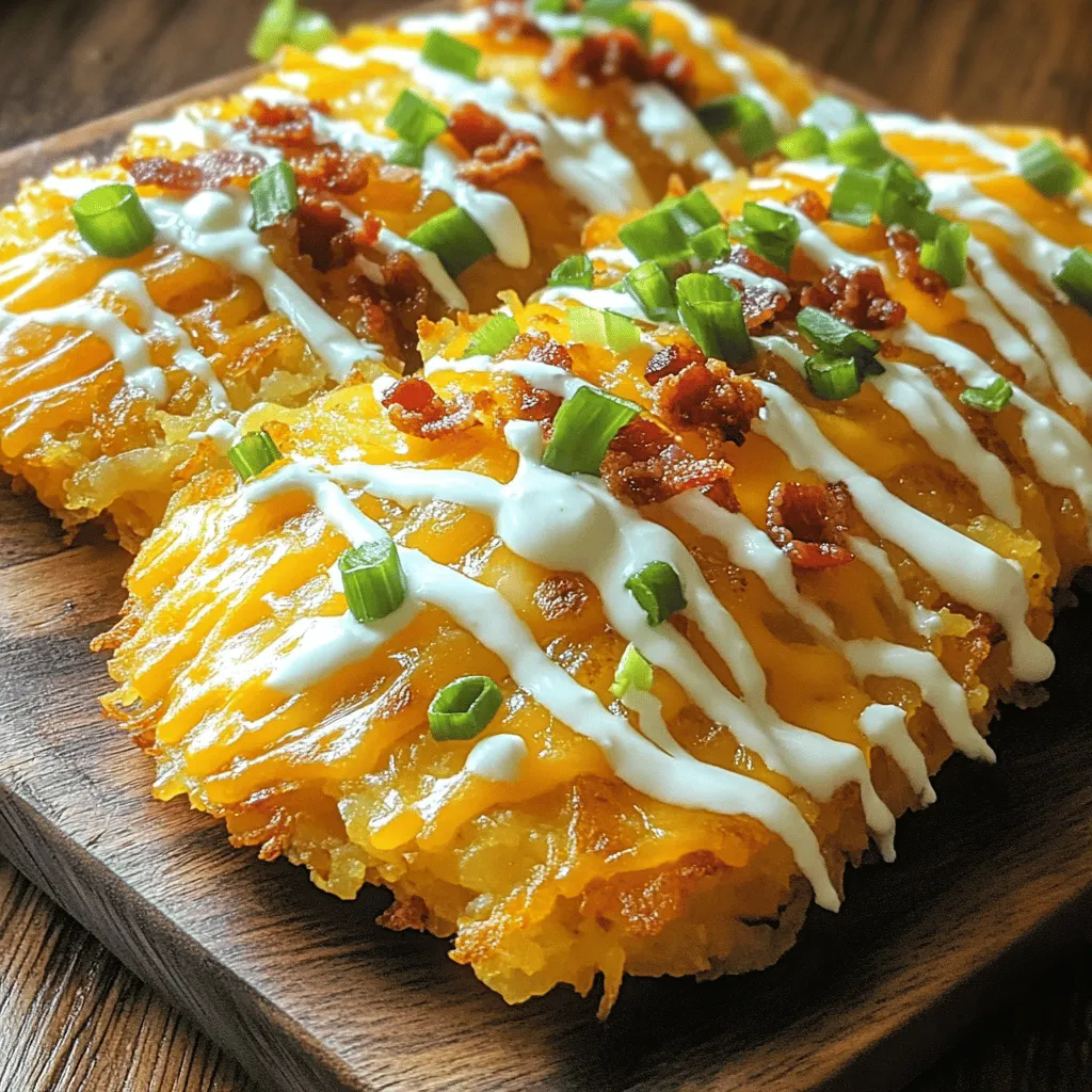 To make loaded hash browns, you need a few key ingredients. First, use 4 large russet potatoes. These potatoes give the best texture. Peel and grate them for a crispy finish. Next, grab 1 cup of sharp cheddar cheese. This adds a rich flavor that melts perfectly.