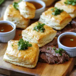 French dip sandwiches are a beloved comfort food, known for their savory flavors and satisfying textures. Imagine tender roast beef nestled between soft bread, paired with a rich, flavorful dipping broth. Now, envision taking that classic sandwich and giving it a unique twist that elevates the whole experience. Enter Savory French Dip Biscuits—a delightful combination of flaky, buttery biscuits and succulent roast beef. This recipe is not just a meal; it’s an experience that brings warmth and togetherness, making it perfect for gatherings or cozy family dinners.