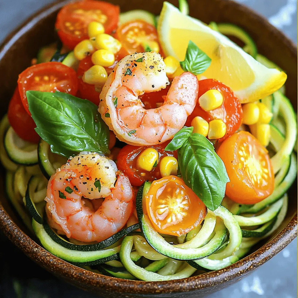 To make a great shrimp zoodle bowl, start with the right ingredients. You'll need fresh zucchinis, shrimp, and some colorful veggies. For this dish, I use two medium zucchinis, one pound of large shrimp, cherry tomatoes, corn, and red onion. These give the bowl a bright look and tasty flavors.