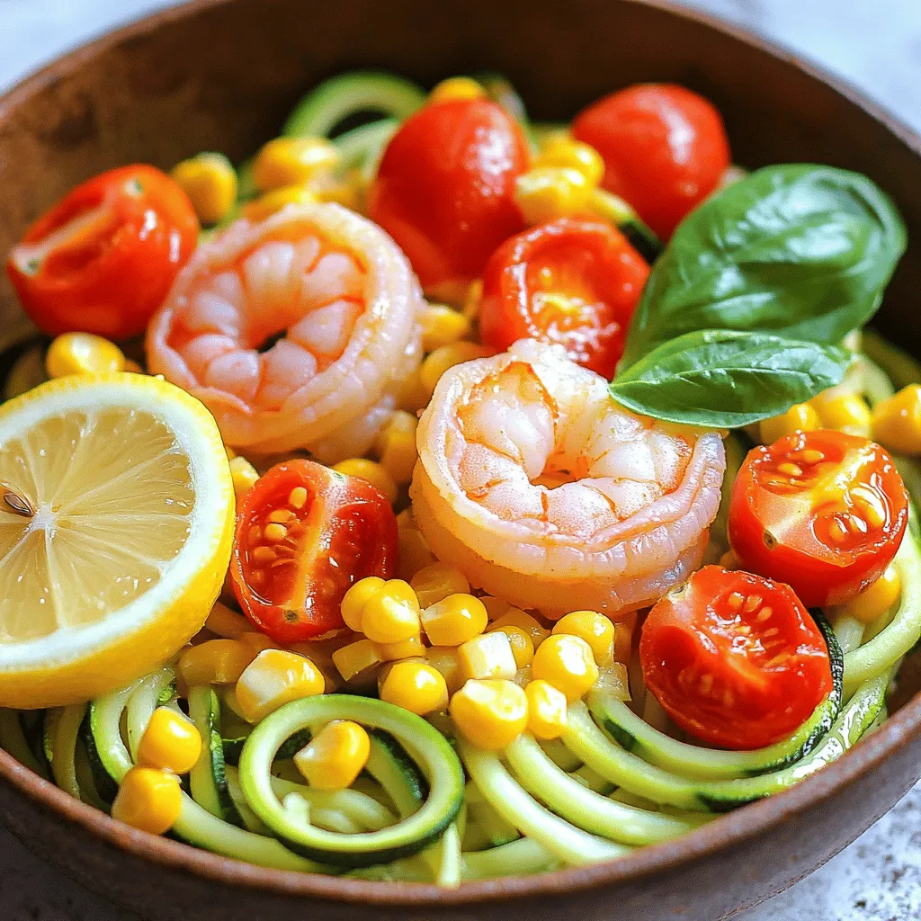 To make a great shrimp zoodle bowl, start with the right ingredients. You'll need fresh zucchinis, shrimp, and some colorful veggies. For this dish, I use two medium zucchinis, one pound of large shrimp, cherry tomatoes, corn, and red onion. These give the bowl a bright look and tasty flavors.