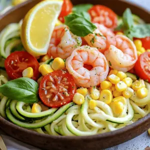 To make a great shrimp zoodle bowl, start with the right ingredients. You'll need fresh zucchinis, shrimp, and some colorful veggies. For this dish, I use two medium zucchinis, one pound of large shrimp, cherry tomatoes, corn, and red onion. These give the bowl a bright look and tasty flavors.