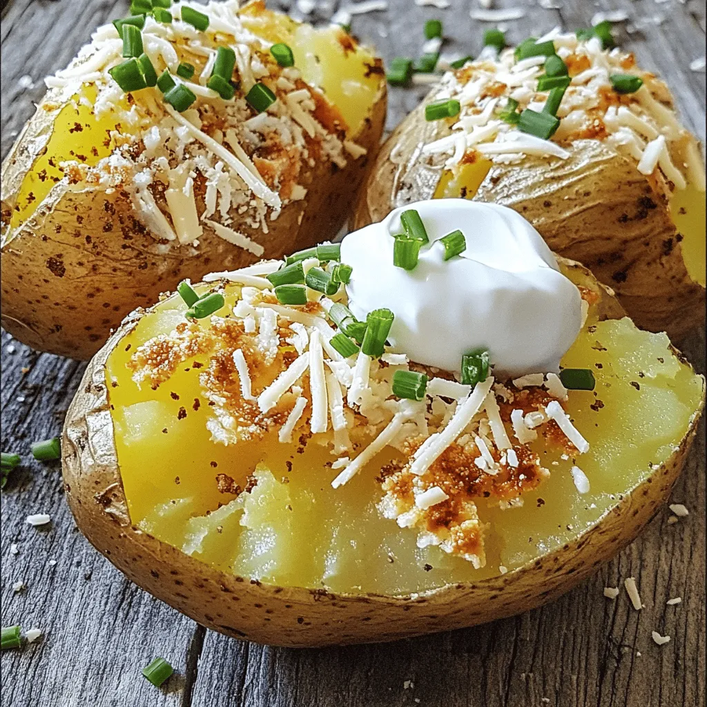 To make air fryer baked potatoes, start with the right ingredients. You need four medium russet potatoes, olive oil, sea salt, black pepper, garlic powder, and onion powder. Optional toppings include sour cream, chives, cheese, and bacon bits.