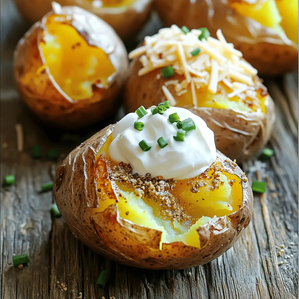 To make air fryer baked potatoes, start with the right ingredients. You need four medium russet potatoes, olive oil, sea salt, black pepper, garlic powder, and onion powder. Optional toppings include sour cream, chives, cheese, and bacon bits.