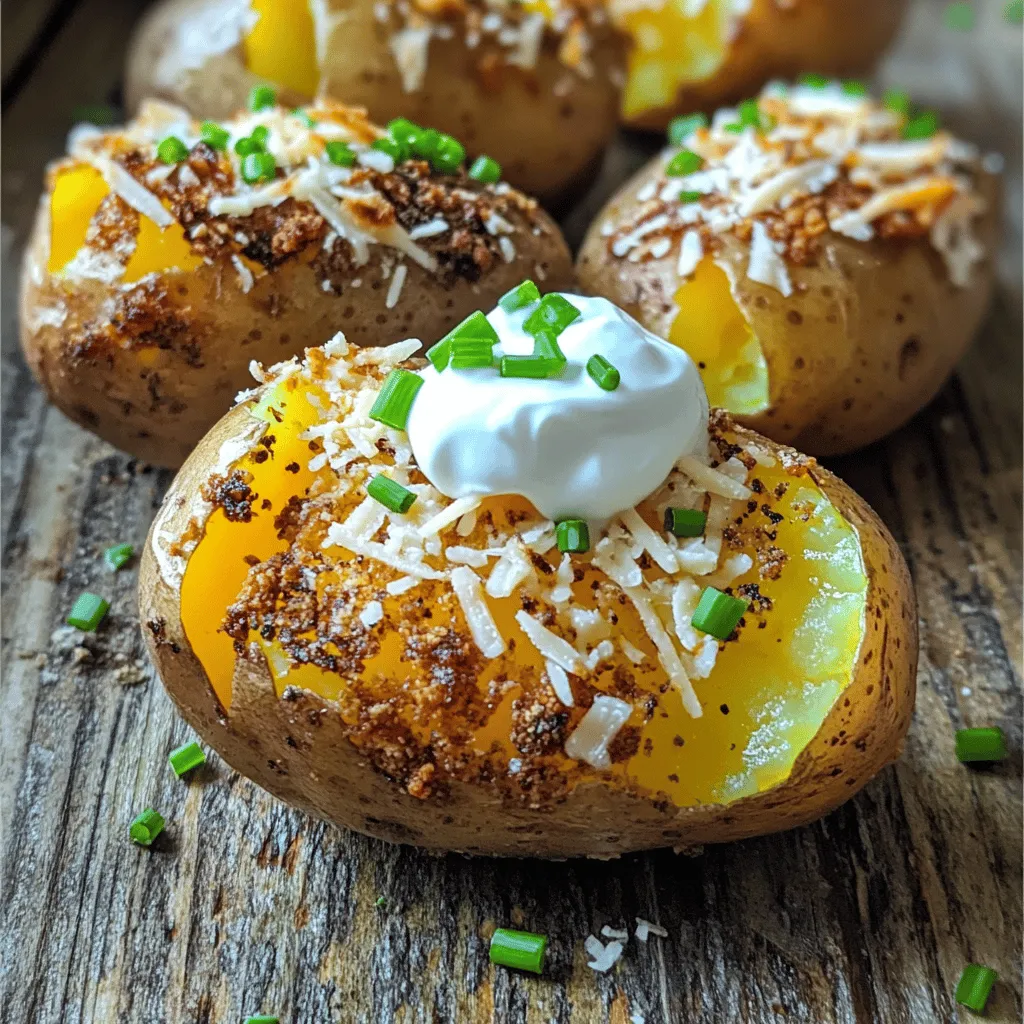 To make air fryer baked potatoes, start with the right ingredients. You need four medium russet potatoes, olive oil, sea salt, black pepper, garlic powder, and onion powder. Optional toppings include sour cream, chives, cheese, and bacon bits.