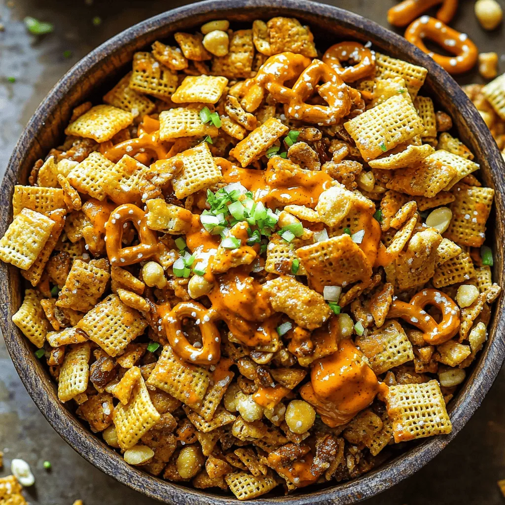 To make Buffalo Chex Mix, you need some simple ingredients. The main item is Chex cereal, which can be Rice, Corn, or Wheat. You will also need pretzels, mixed nuts, and popcorn. These add great crunch and flavor.