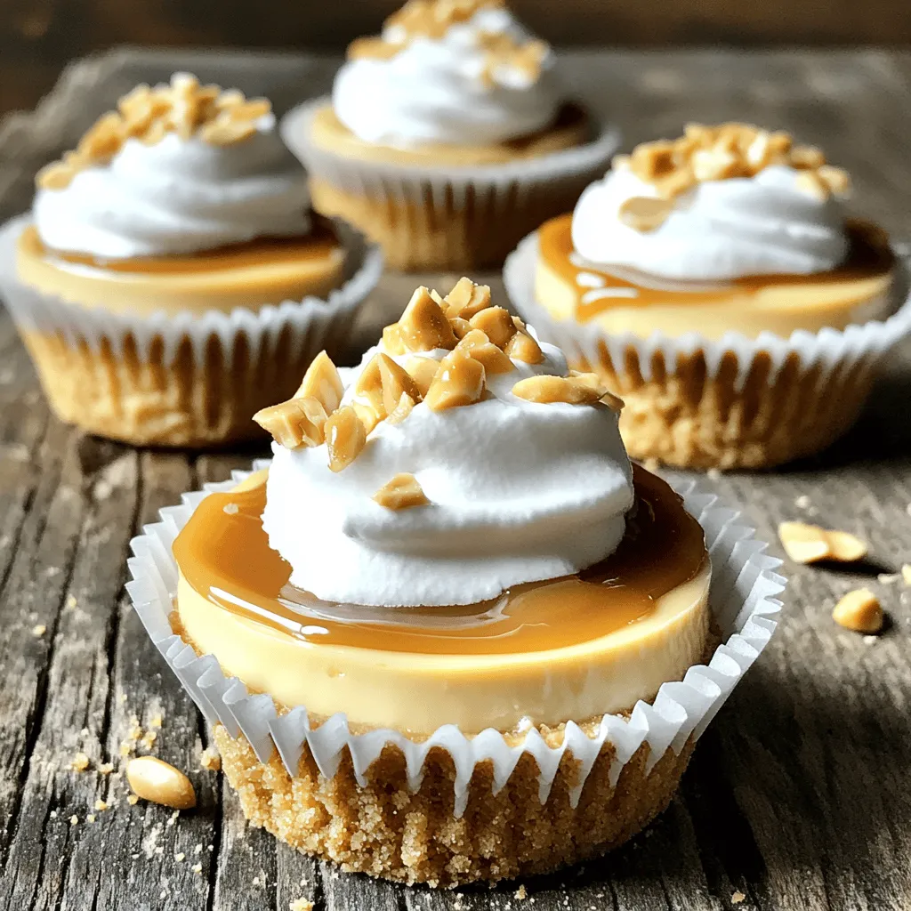 To make these peanut butter caramel mini cheesecakes, gather your ingredients first. You need graham cracker crumbs, butter, sugar, cream cheese, peanut butter, eggs, caramel sauce, and peanuts. Each item plays a big role in the taste.