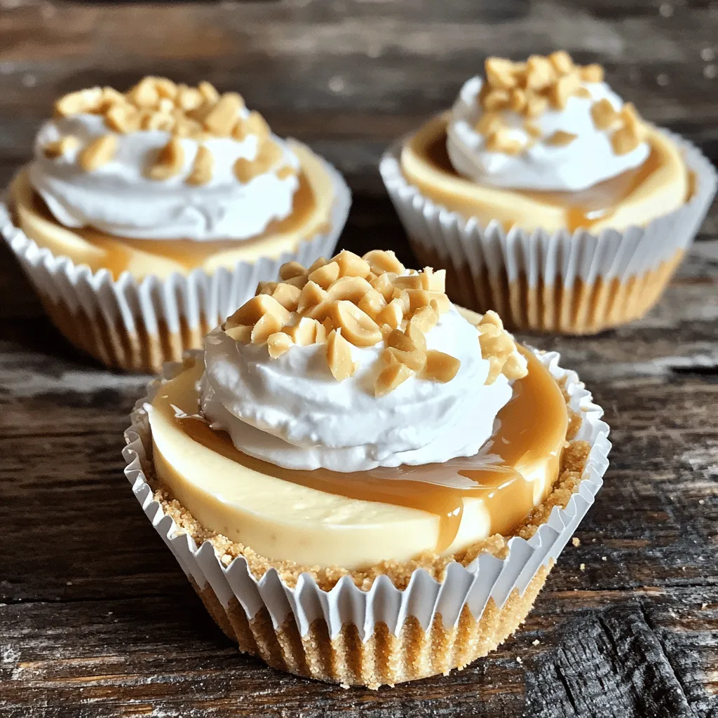 To make these peanut butter caramel mini cheesecakes, gather your ingredients first. You need graham cracker crumbs, butter, sugar, cream cheese, peanut butter, eggs, caramel sauce, and peanuts. Each item plays a big role in the taste.