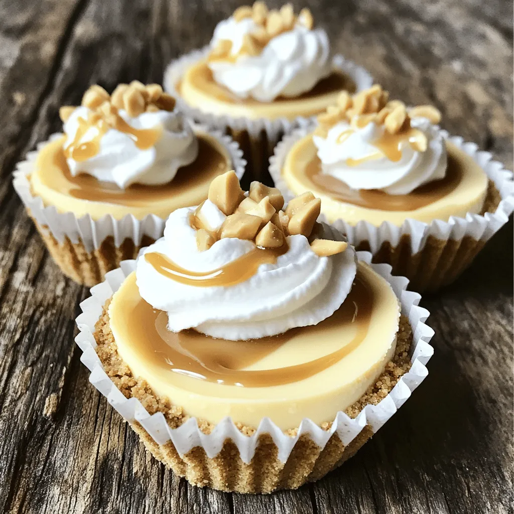 To make these peanut butter caramel mini cheesecakes, gather your ingredients first. You need graham cracker crumbs, butter, sugar, cream cheese, peanut butter, eggs, caramel sauce, and peanuts. Each item plays a big role in the taste.