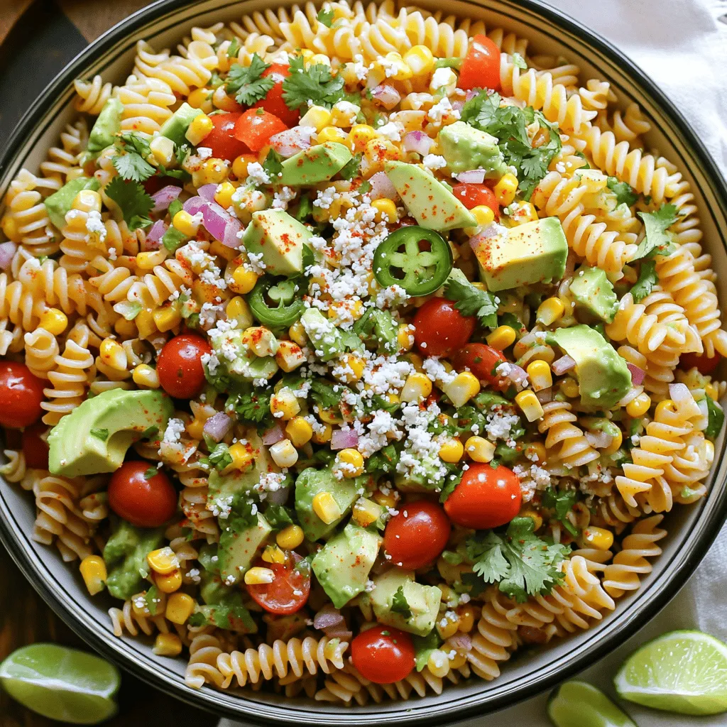 The Mexican street corn pasta salad recipe shines with its vibrant and fresh ingredients. Each component adds a burst of flavor and color.