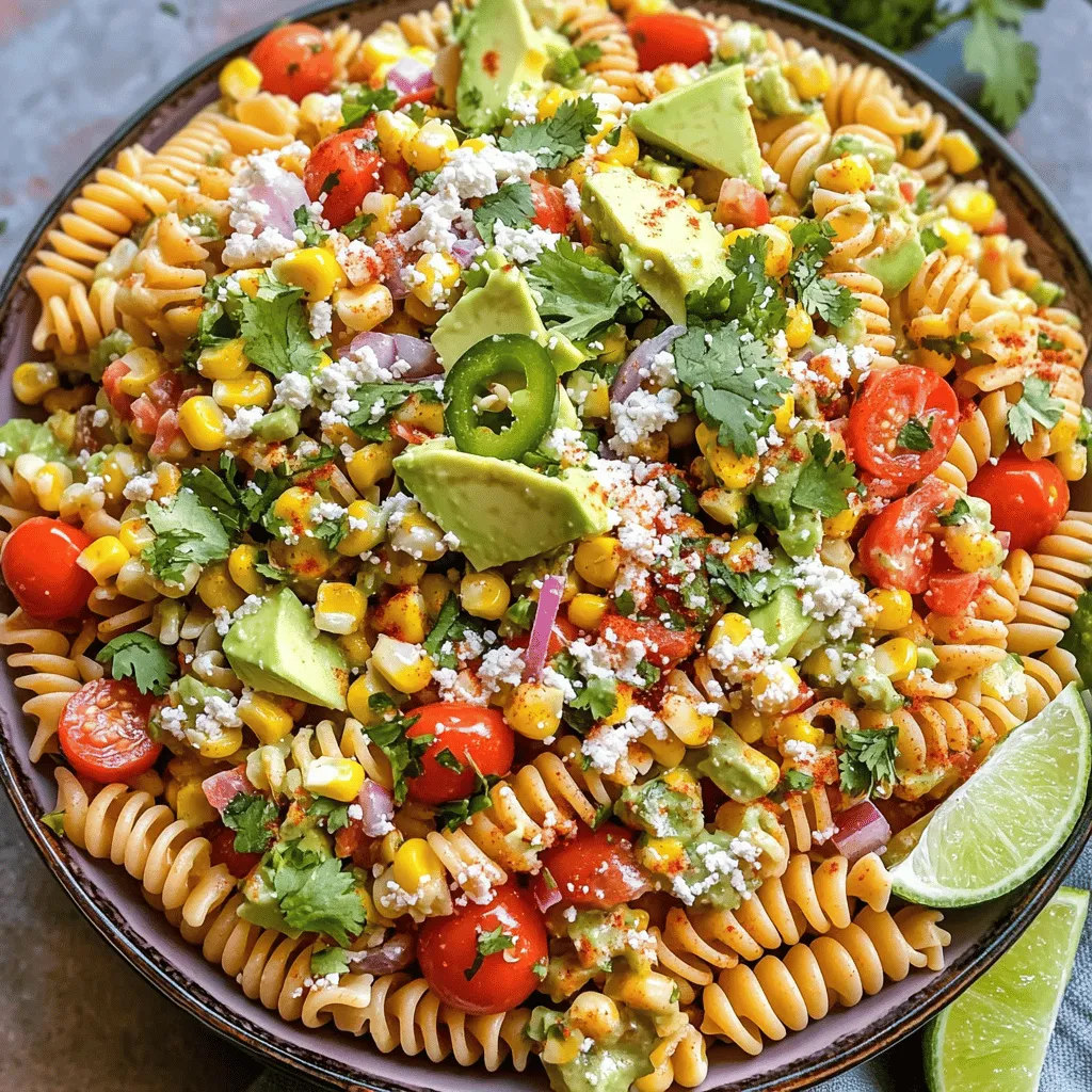 The Mexican street corn pasta salad recipe shines with its vibrant and fresh ingredients. Each component adds a burst of flavor and color.